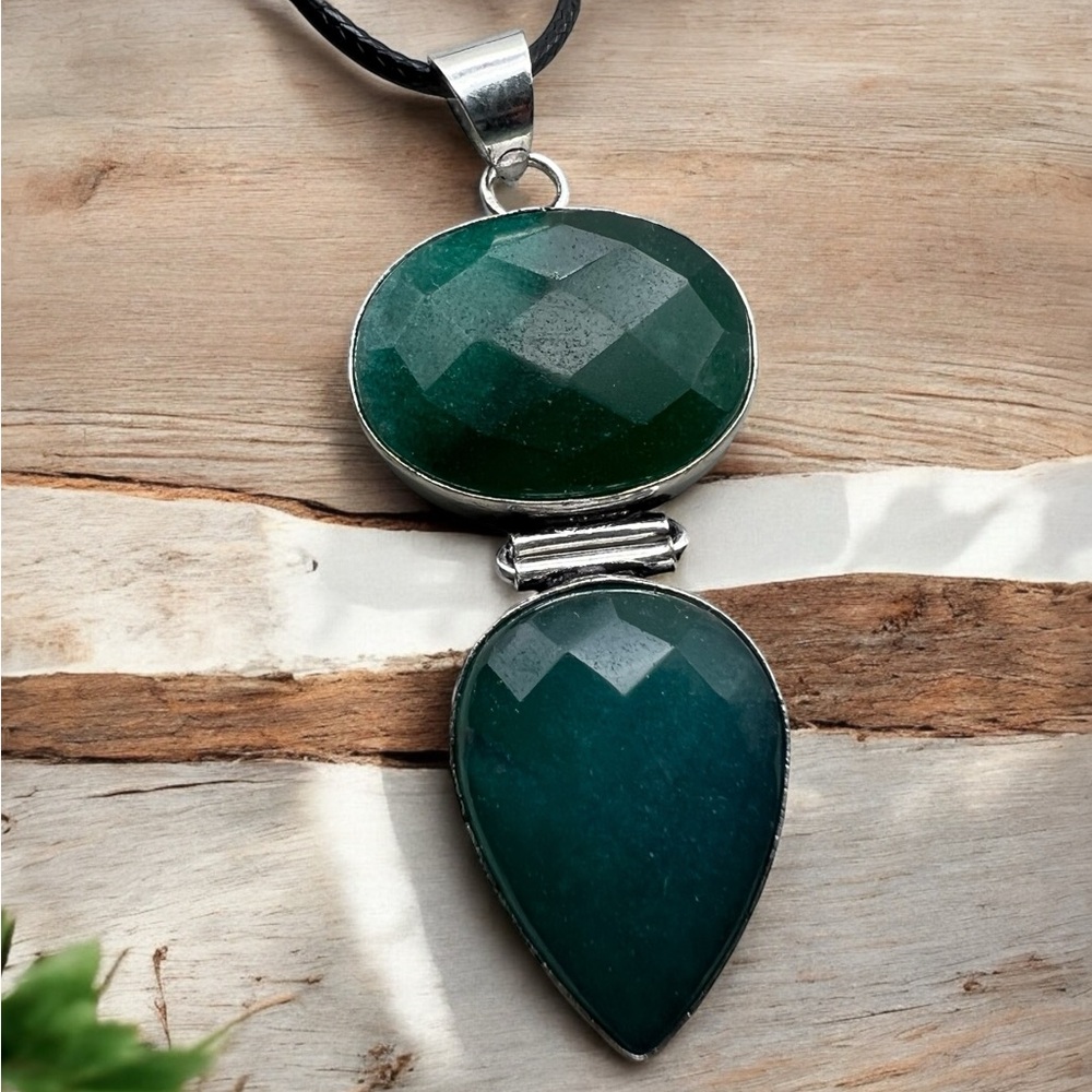 New Enhanced Green Faceted Double Emerald Stone Silver Overlay Pendant Necklace